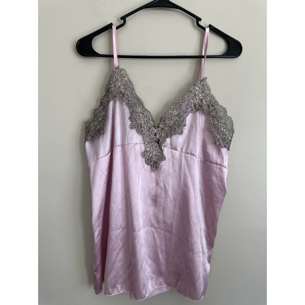 Y2K Pink Satin Lace Trim Spaghetti Straps VNeck Camisole Slip Lingerie Medium
